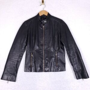 Heeli Womens Leather Jacket Moto Cafe Racer Black Size Medium Street